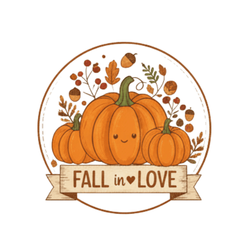 A central cluster of plump pumpkins, surrounded by berries and smaller leaves. A banner beneath reads "Fall in Love" in a charming, rustic typeface.