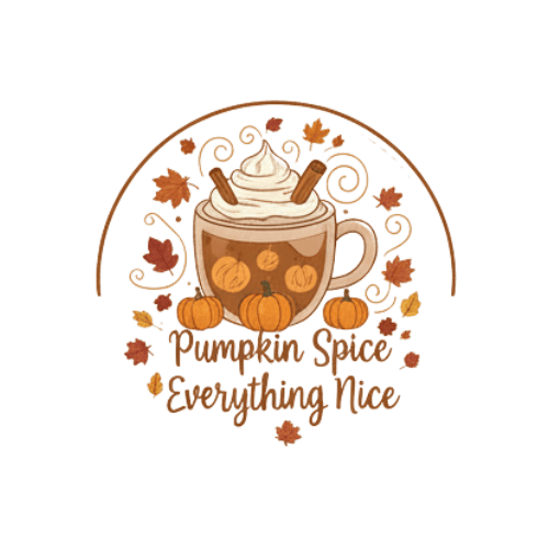This design features a steaming mug of pumpkin spice latte surrounded by falling autumn leaves and small, stylized pumpkins. The text is in a cozy, handwritten font.