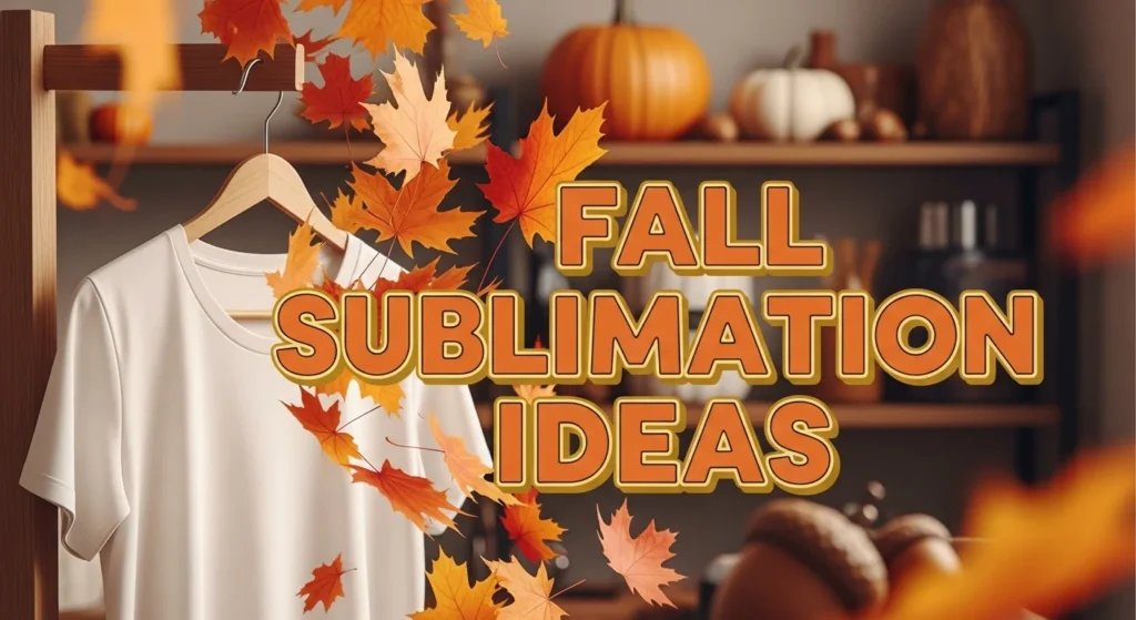 A cozy autumn scene with swirling orange and red maple leaves tumbling over a blank white sublimation t-shirt hanging on a wooden rack in a craft shop. Overlay the text "Fall Sublimation Ideas"