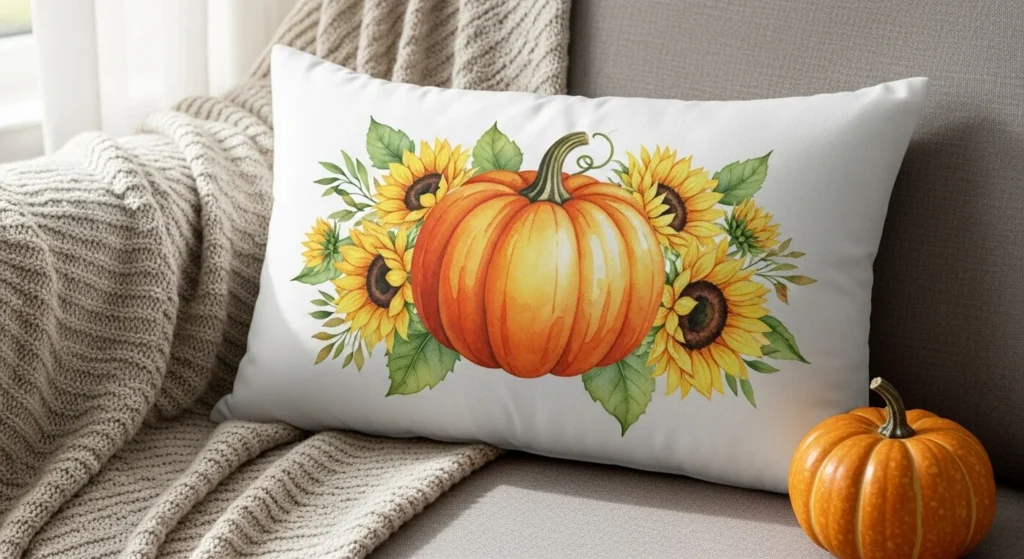 White throw pillow with watercolor pumpkin and sunflower sublimation print on a neutral couch.