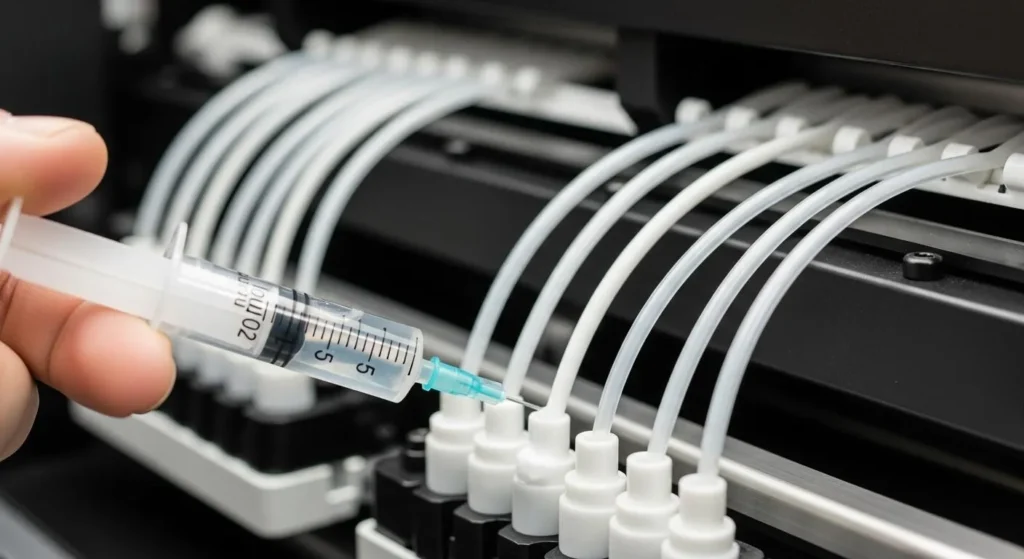 Technician flushing white ink lines of a sublimation printer with a syringe and cleaning solution.