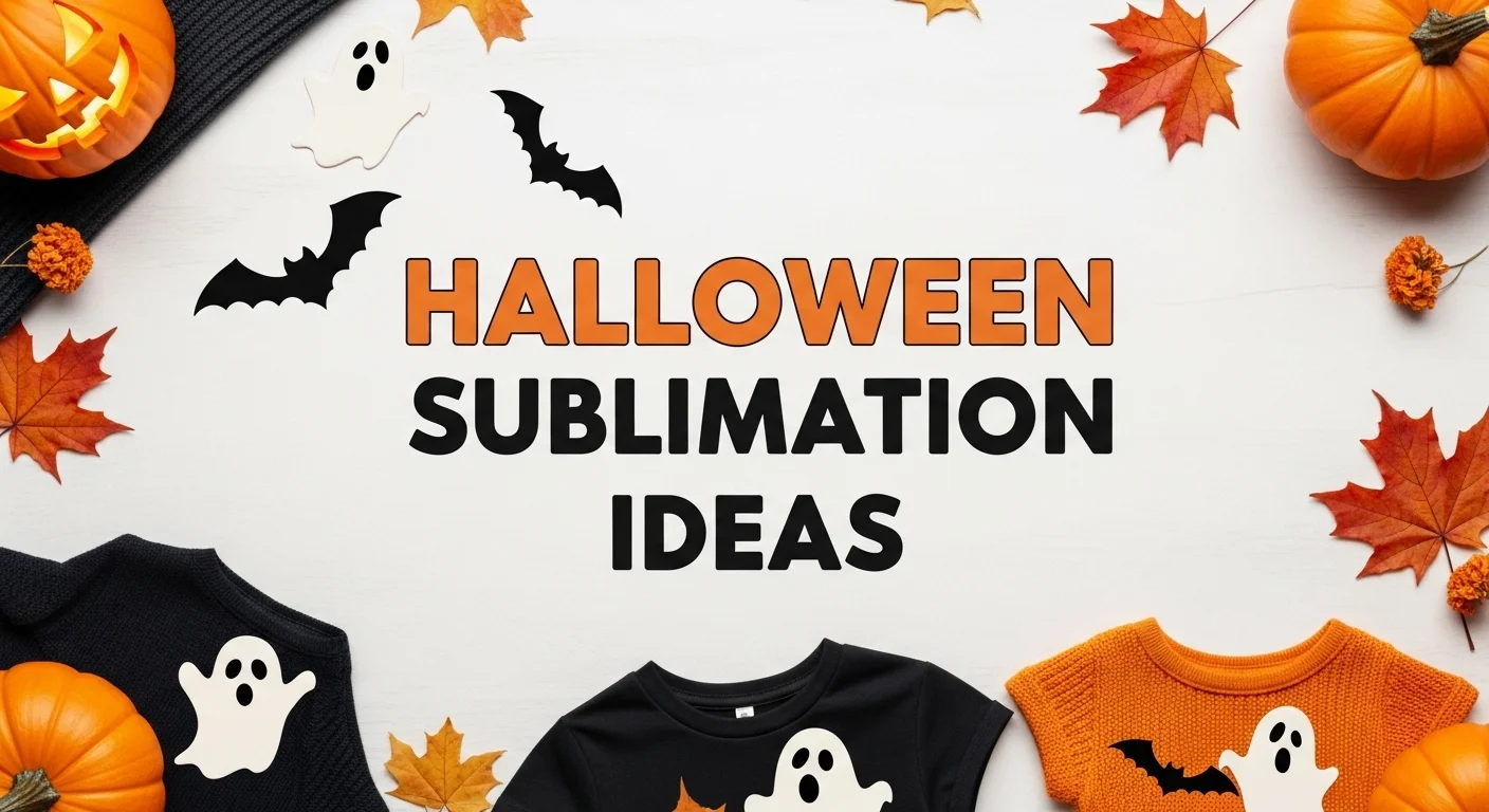 Thumbnail image with bold “Halloween Sublimation Ideas” text over a festive Halloween background with pumpkins, bats, ghosts, and leaves.