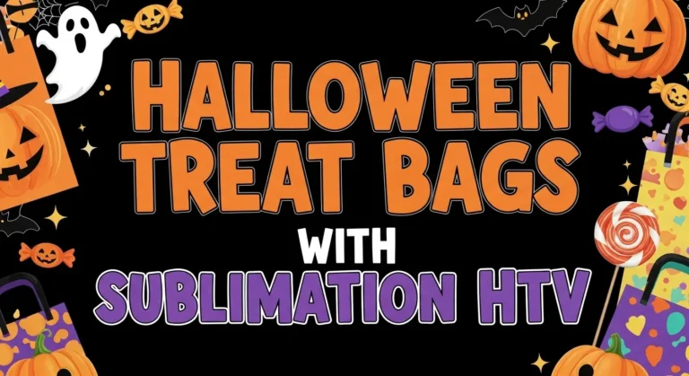 Thumbnail for Halloween treat bag tutorial with bold text ‘Halloween Treat Bags with Sublimation HTV’ covering most of the image, featuring pumpkins, ghosts, candy, and colorful craft bags.