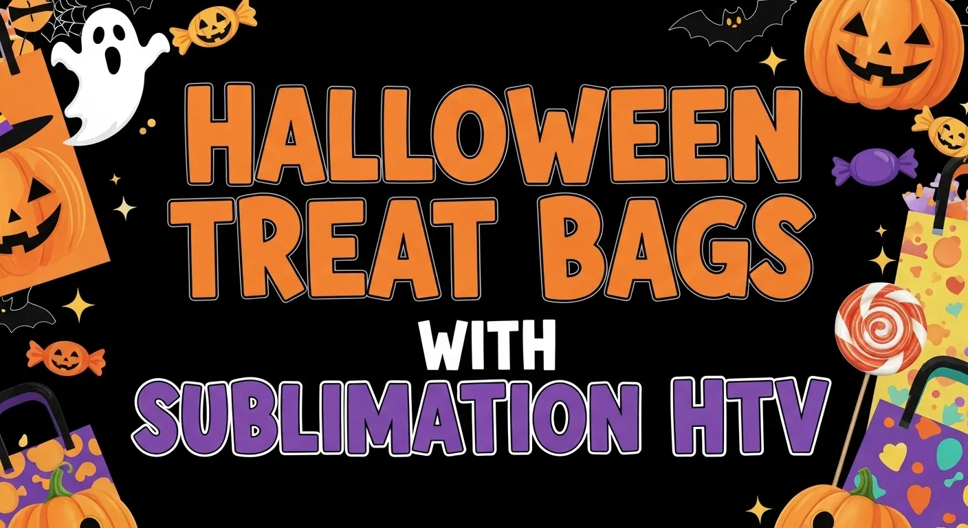Thumbnail for Halloween treat bag tutorial with bold text ‘Halloween Treat Bags with Sublimation HTV’ covering most of the image, featuring pumpkins, ghosts, candy, and colorful craft bags.