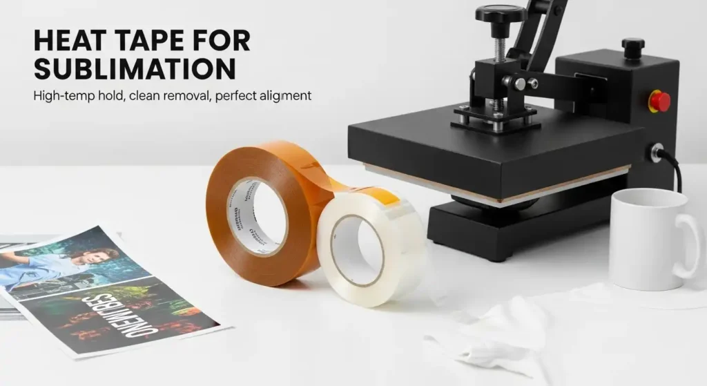 Sublimation heat tape rolls with press machine and blank mug, showing headline Heat Tape for Sublimation.