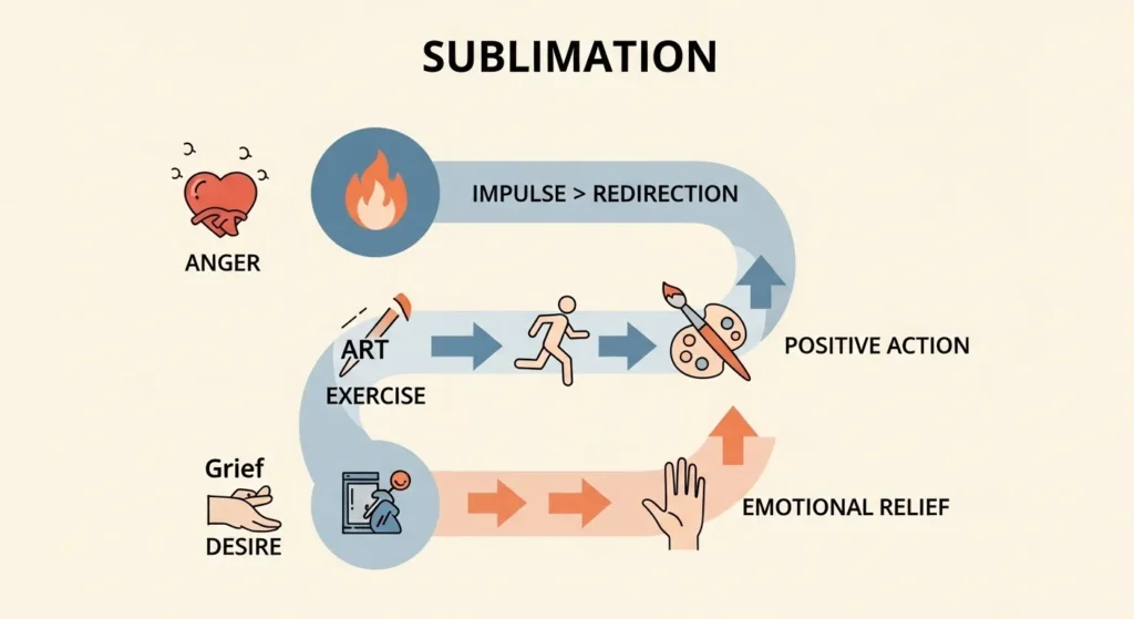 Infographic showing how sublimation redirects strong emotions like anger or desire into healthy outlets such as art, exercise, or community work.