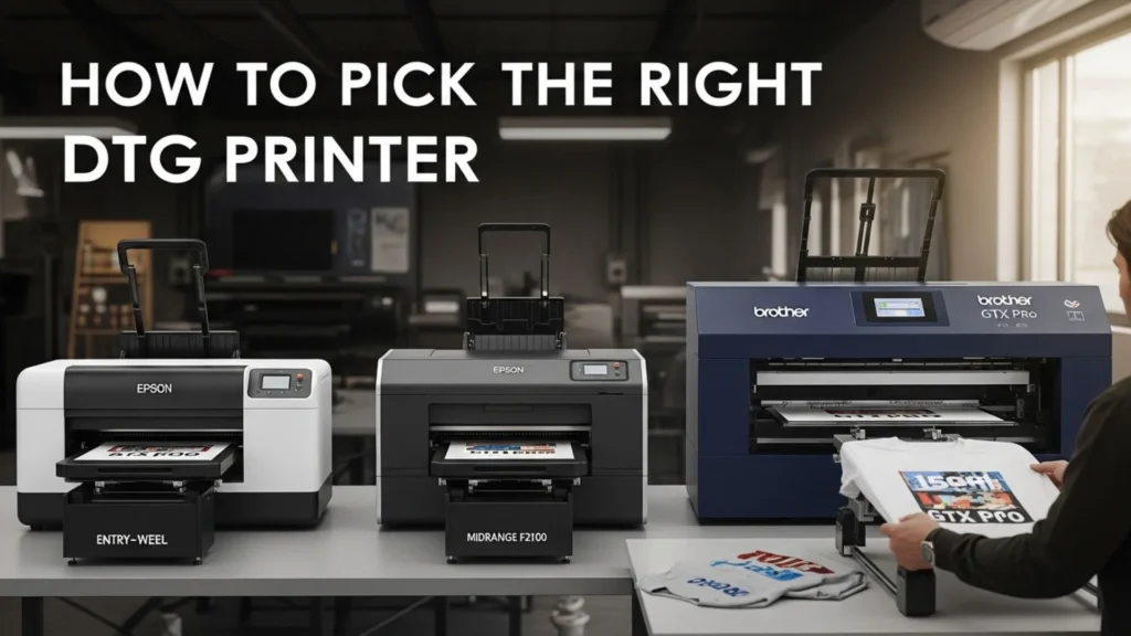 Feature image showing different DTG printer sizes with bold text ‘How to Pick the Right DTG Printer,’ representing entry, midrange, and production models in a print shop setting.