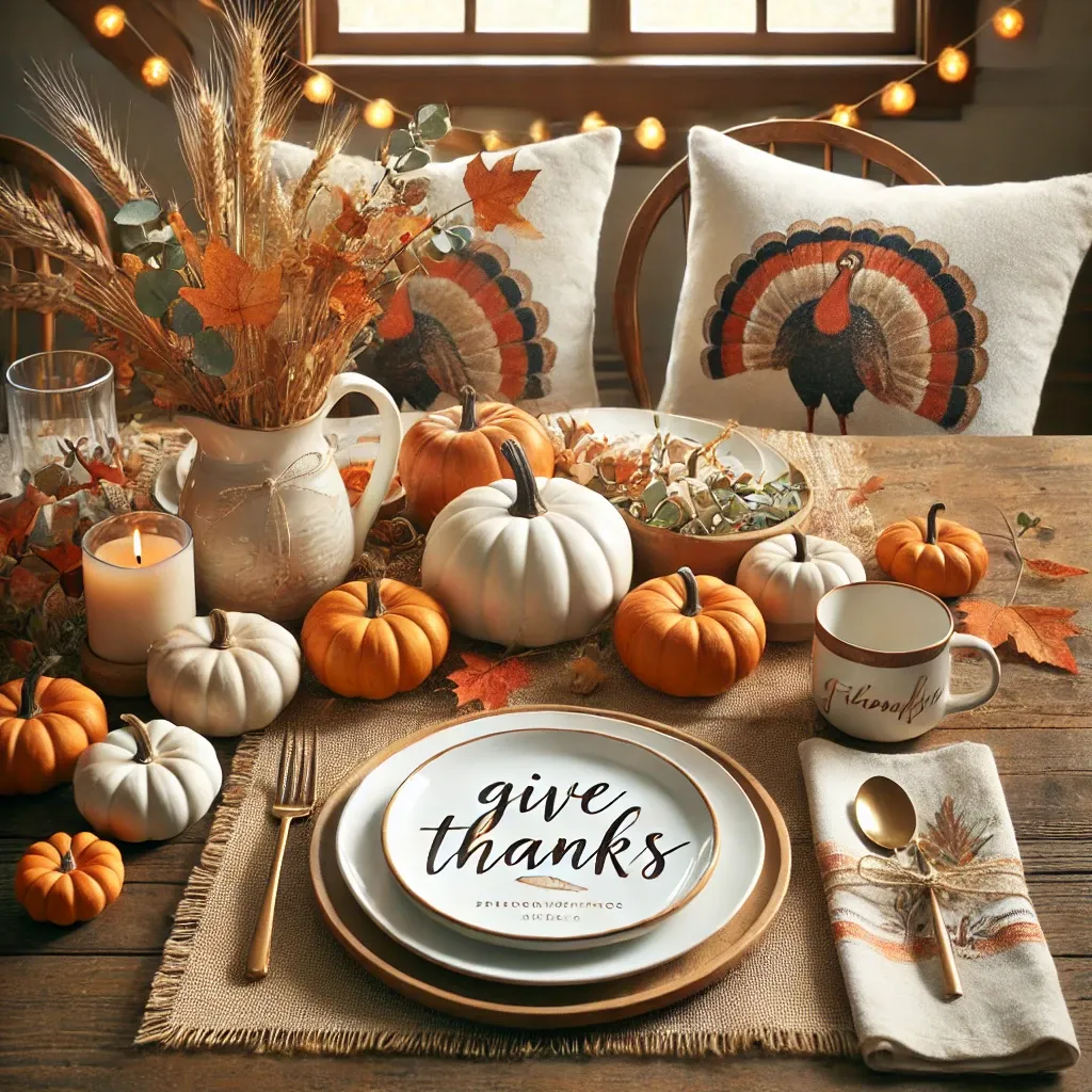 Warm rustic Thanksgiving décor styled on a wooden table: mini pumpkins, dried wheat sheaves, fairy lights, burlap placemats, white ceramic plates with leaf patterns, throw pillows printed with ‘Give Thanks’, and a sublimated serving tray reading ‘Harvest Blessings’.