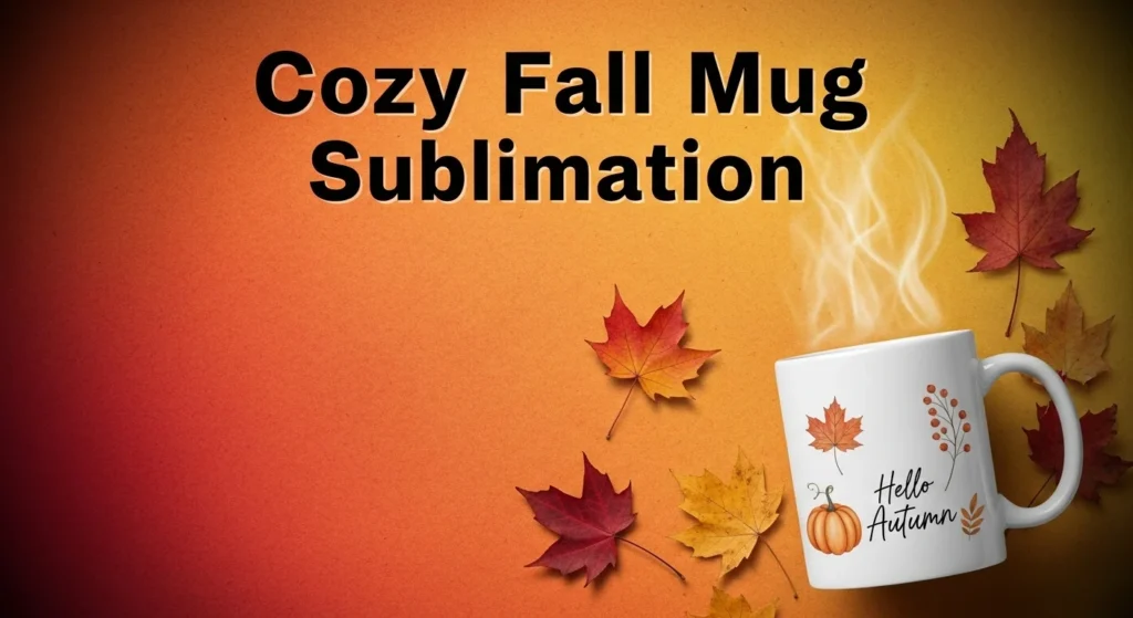 Thumbnail showing a warm autumn mug with leaves and bold title "Cozy Fall Mug Sublimation".
