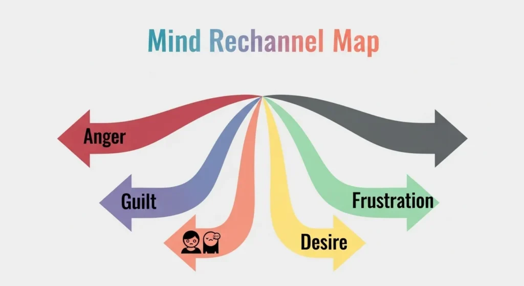 a colorful infographic titled ‘Mind Rechannel Map’ showing four emotional pathways (anger, guilt, desire, frustration)