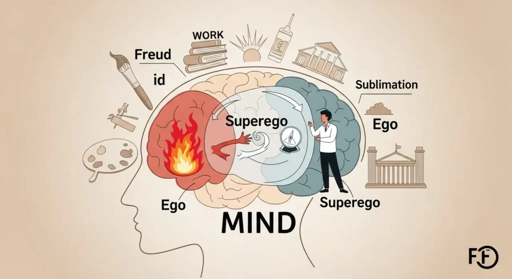 Illustration of Freud’s id, ego, and superego model showing how sublimation transforms impulses into creative or social expression.
