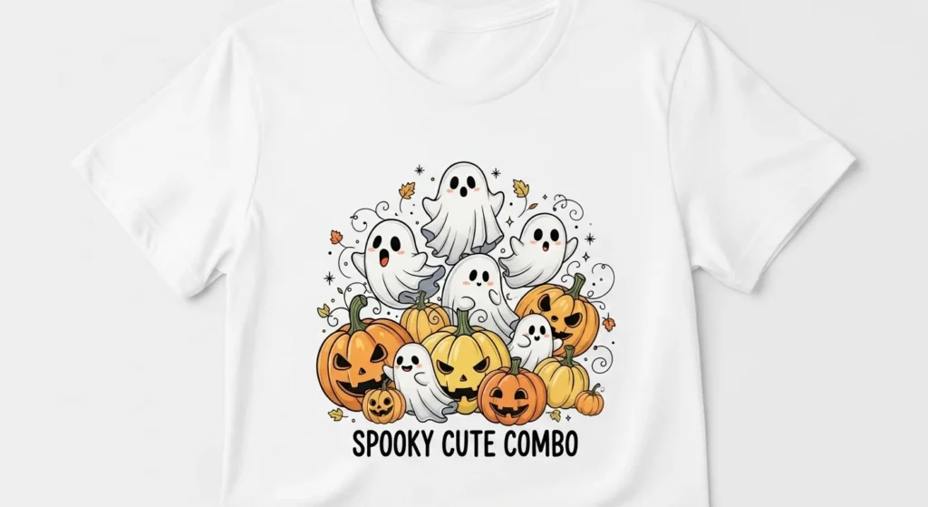 A White shirt with Spooky Cute Combo Fall Sublimation Design.