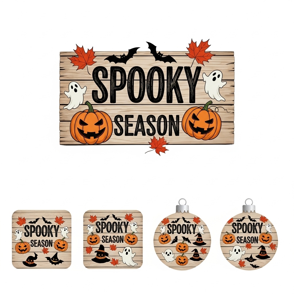 Halloween sublimation design set with a vintage “Spooky Season” wooden sign, pumpkins, bats, ghosts, and matching coasters and ornaments on a white background