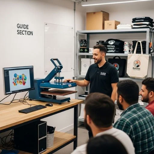 A group of people learning sublimation printing in a modern workshop, with a heat press machine, colorful designs on a computer, and various sublimation products on display.