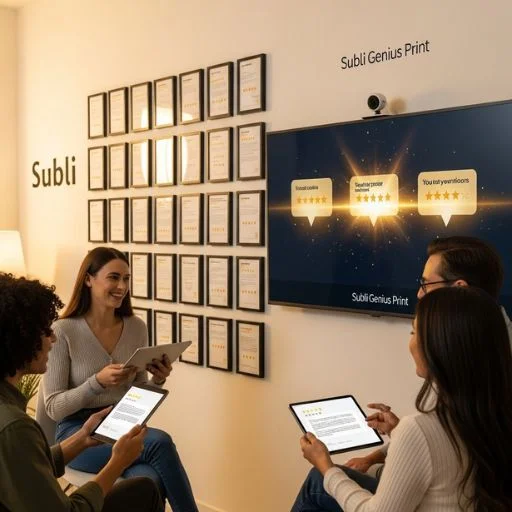 A modern studio wall displaying framed customer reviews and star ratings, with people reading positive feedback on digital screens.
