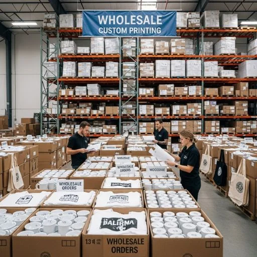 A warehouse filled with bulk sublimation products, where a team is preparing and labeling wholesale orders for shipping.