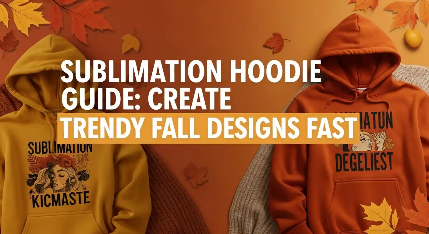 Bold and colorful thumbnail for 'Sublimation Hoodie Guide: Create Trendy Fall Designs Fast' featuring warm autumn colors, leaves, and cozy seasonal vibe.