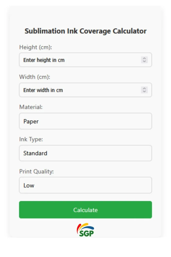 A Sublimation Ink Coverage front user view.