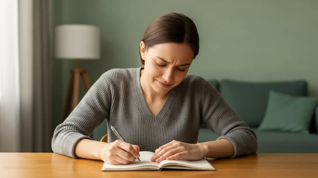 A person sitting at a desk transitioning from visible stress to calm focus, subtle facial expression shift.