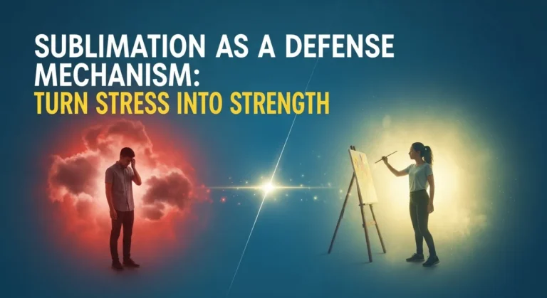 Thumbnail showing a person transforming stress into creativity, symbolizing sublimation as a defense mechanism with the text ‘Turn Stress into Strength’.