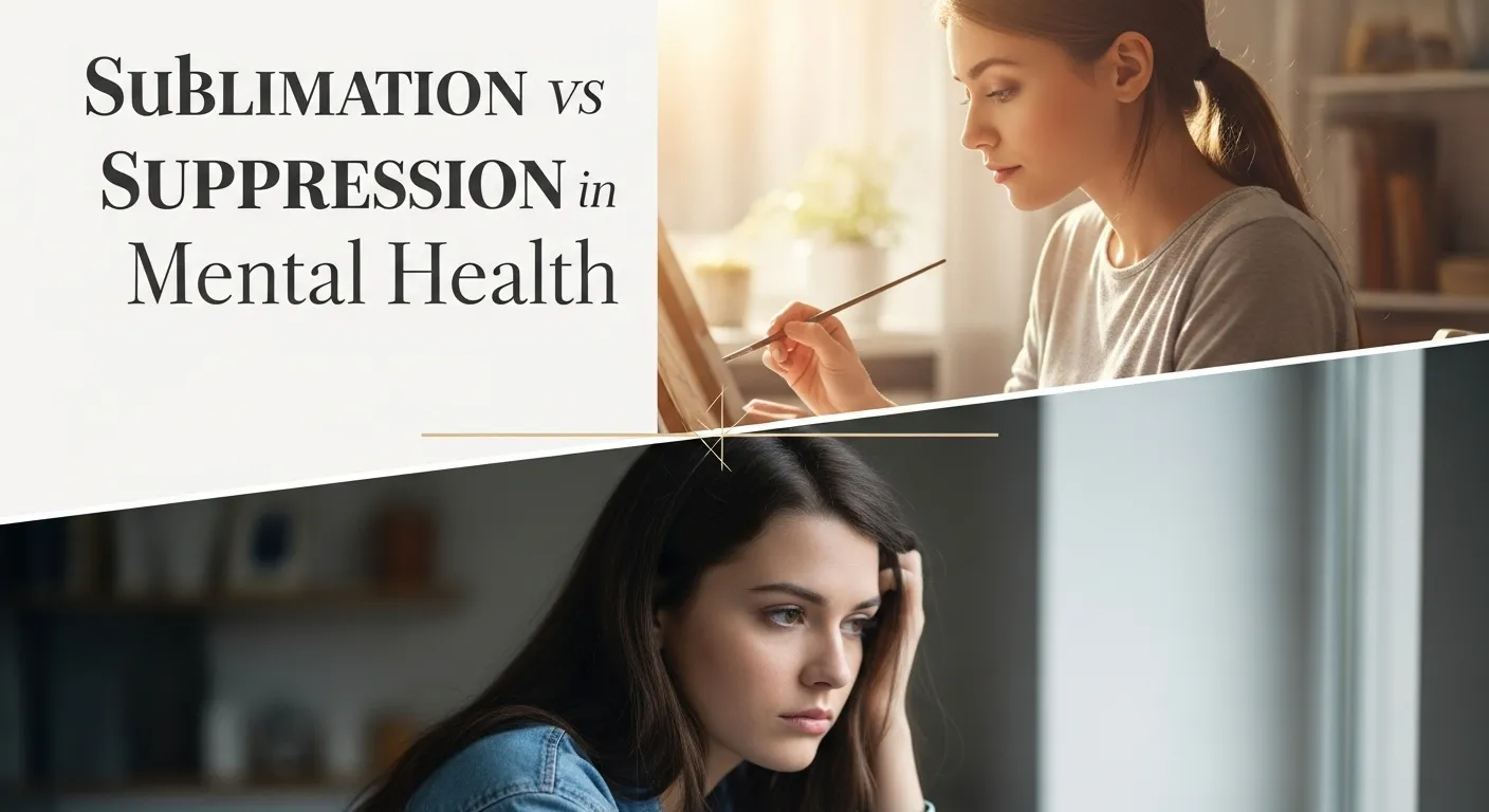 A woman show with Sublimation vs Suppression in Mental Health and text info.