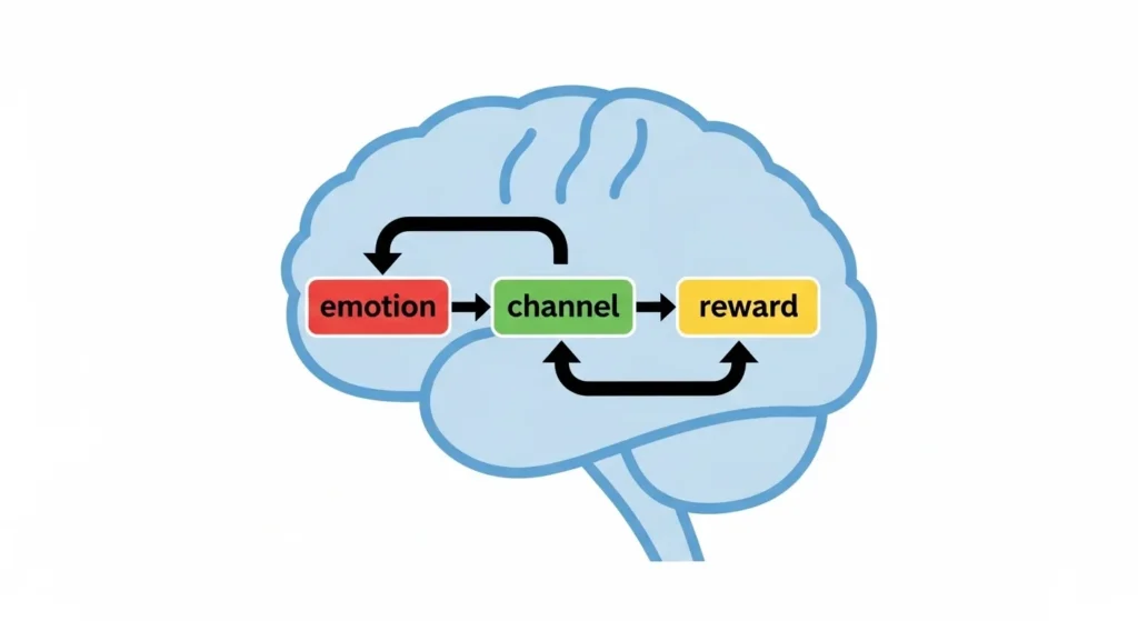 Simple brain diagram showing “emotion → channel → reward” flow.