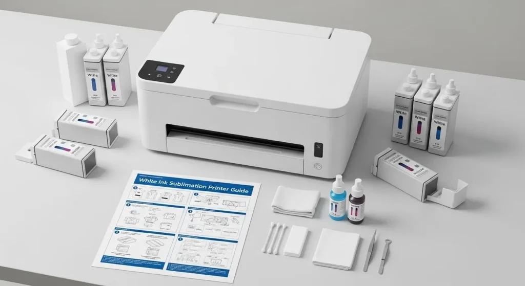 White ink sublimation printer with cartridges and maintenance tools, viewed from above as a maintenance guide cover.