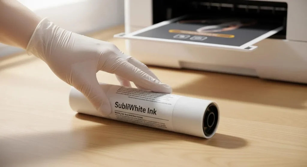 Person gently rolling a white ink cartridge to keep pigments mixed evenly.