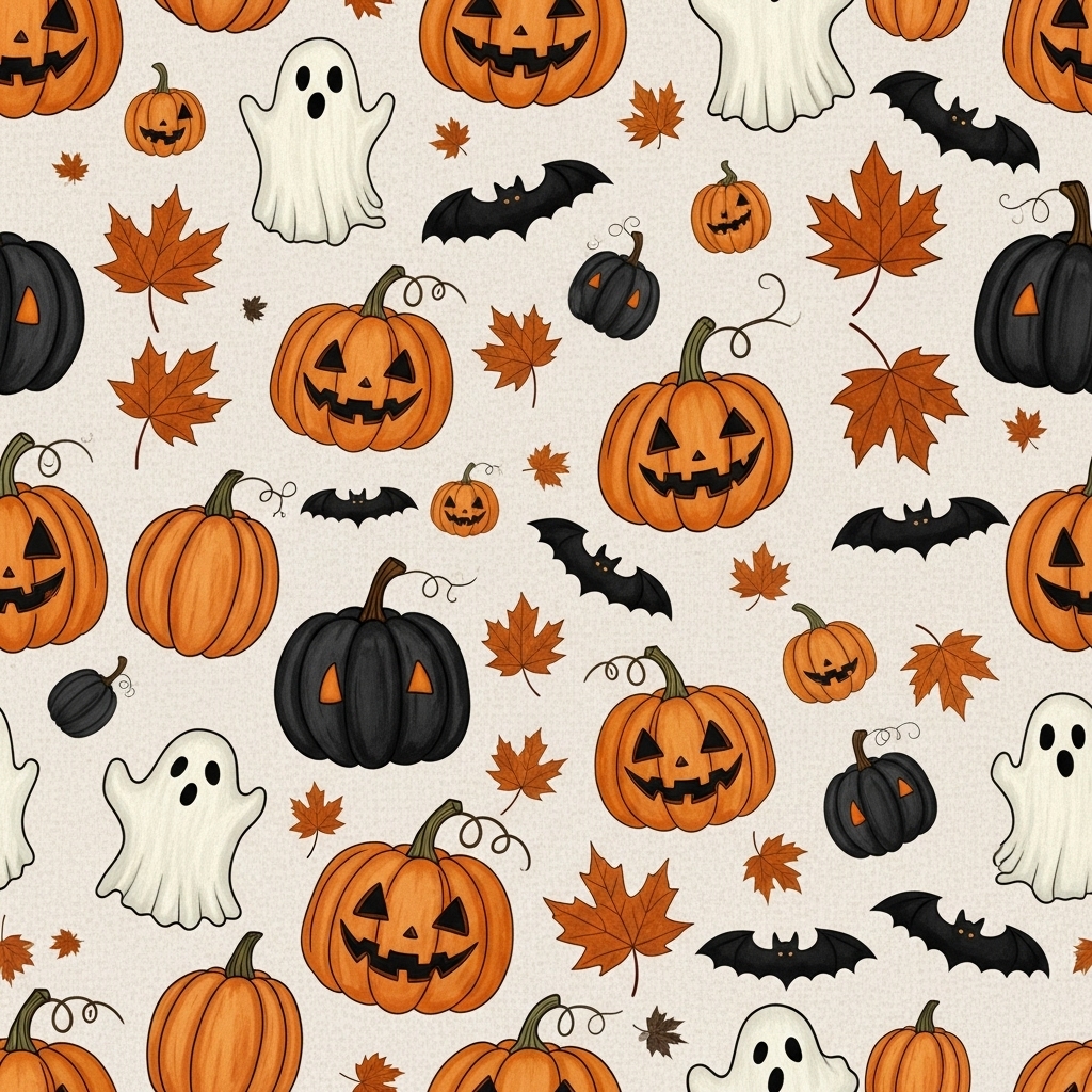 No-sew Halloween sublimation pattern with pumpkins, ghosts, bats, and maple leaves in warm fall colors on a white background.