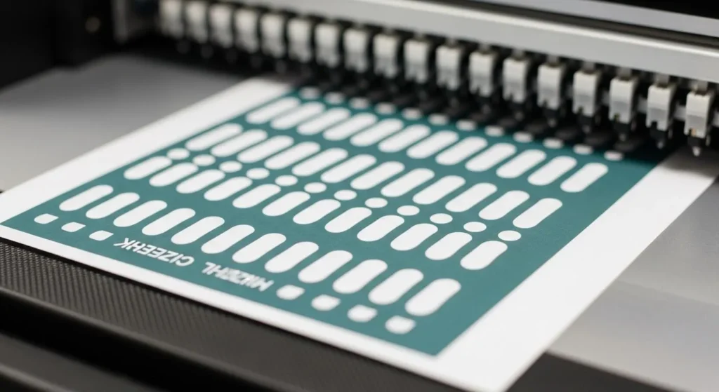 Nozzle check print showing even white ink pattern on test sheet from a sublimation printer.