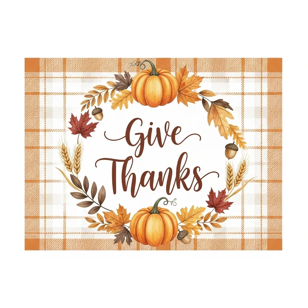 Printable Thanksgiving sublimation design with ‘Give Thanks’ lettering, watercolor pumpkins, maple leaves, and a plaid farmhouse background in warm fall colors.