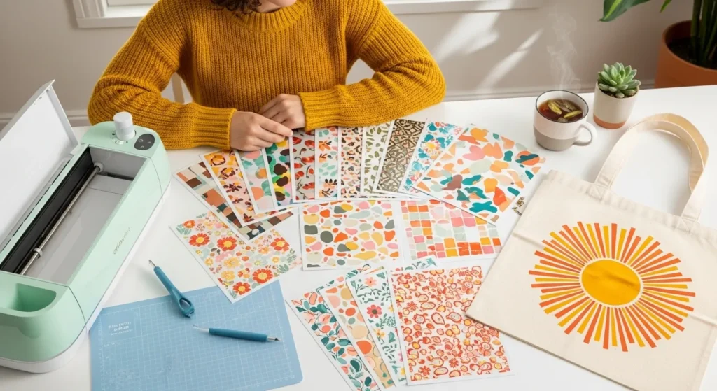 Infusible Ink sheets with Cricut tools on a bright crafting table.
