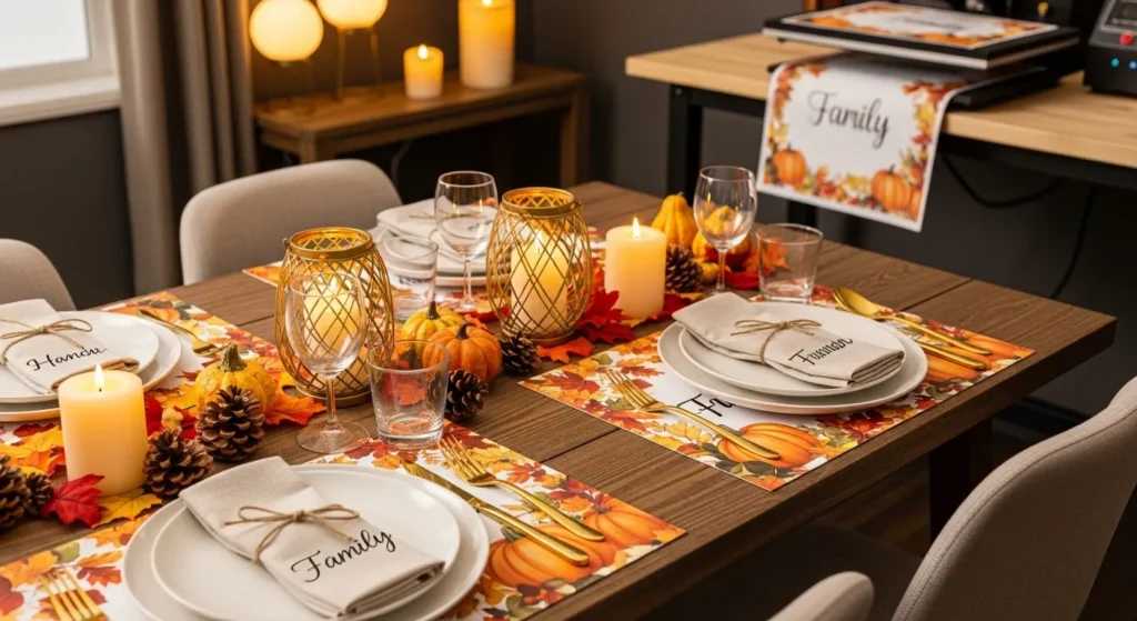 Thanksgiving table decorated with personalized sublimation placemats featuring pumpkins, leaves, and family names beside a heat press setup.