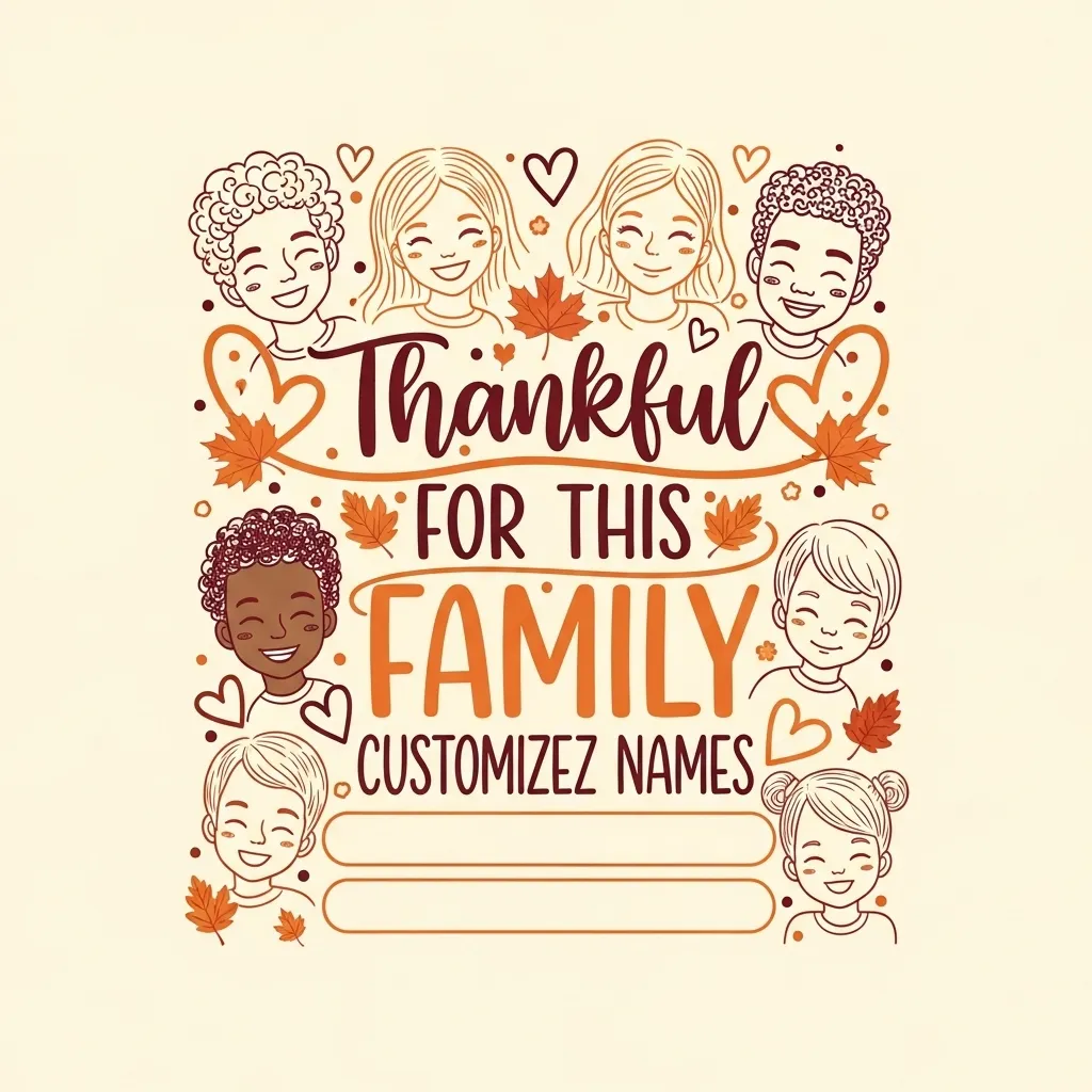 Printable Thanksgiving sublimation design with handwritten quote ‘Thankful for This Family’ surrounded by fall leaves, hearts, and family line art in warm autumn colors.