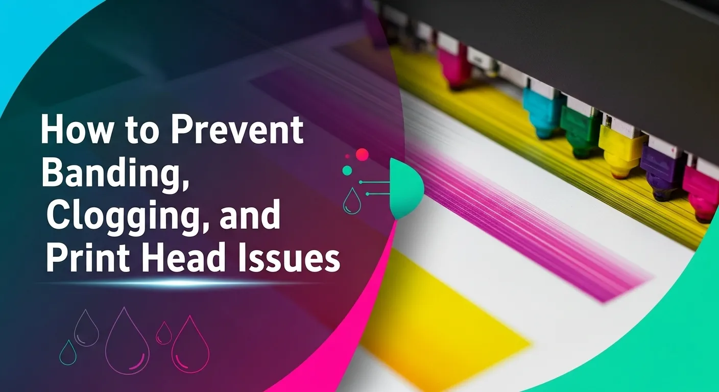 Close-up of a printer producing a smooth, colorful print with clear text overlay reading “How to Prevent Banding, Clogging, and Print Head Issues.”