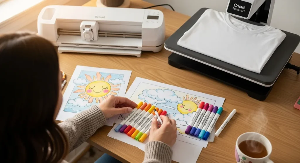 Cricut Infusible Ink markers with a hand-drawn sublimation design.