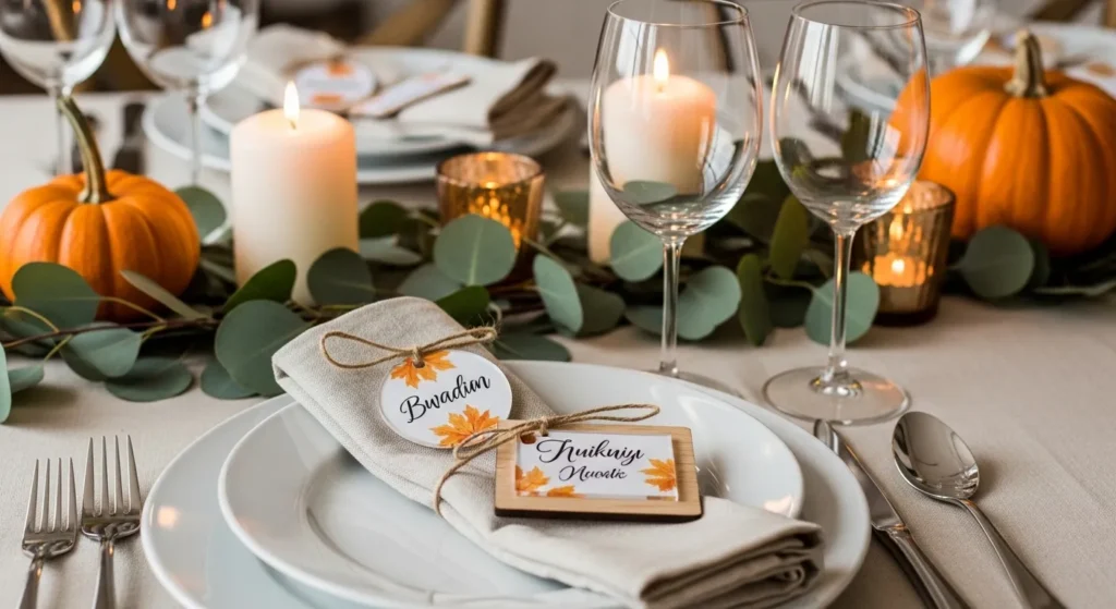 Thanksgiving table with custom sublimated acrylic and wood name tags tied to napkins and glasses surrounded by pumpkins and candles.