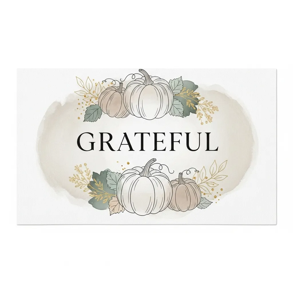 Minimalist Thanksgiving sublimation design with line art pumpkins, sage and beige tones, and ‘Grateful’ in serif font on a soft neutral background.