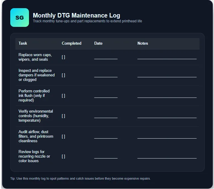 A downloadable Monthly DTG Maintenance Log file free use.