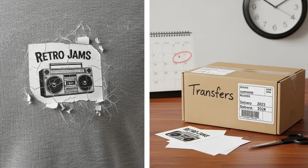 Cracked transfer on the wrong fabric next to a late transfer delivery package.