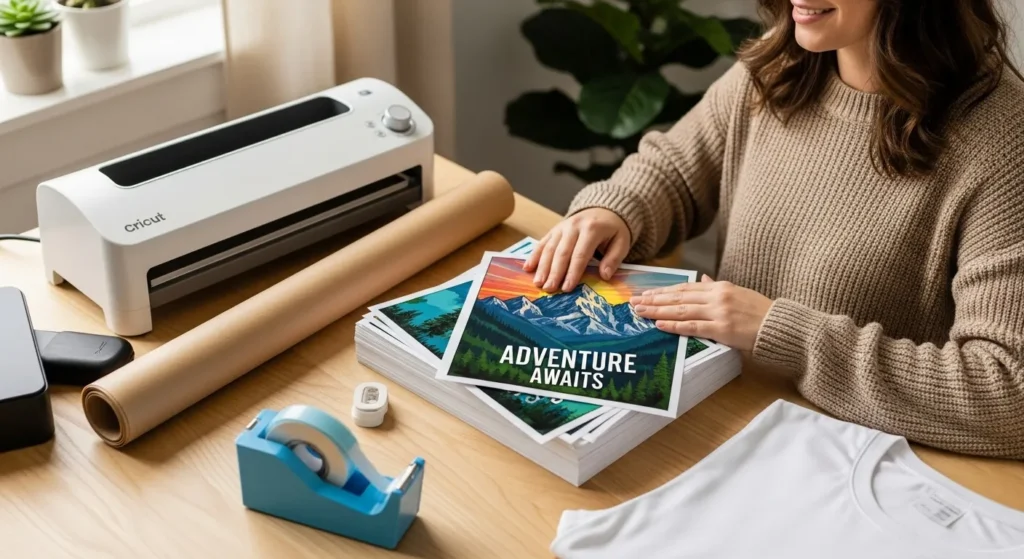 Premade sublimation transfers beside a Cricut EasyPress and blank shirt.