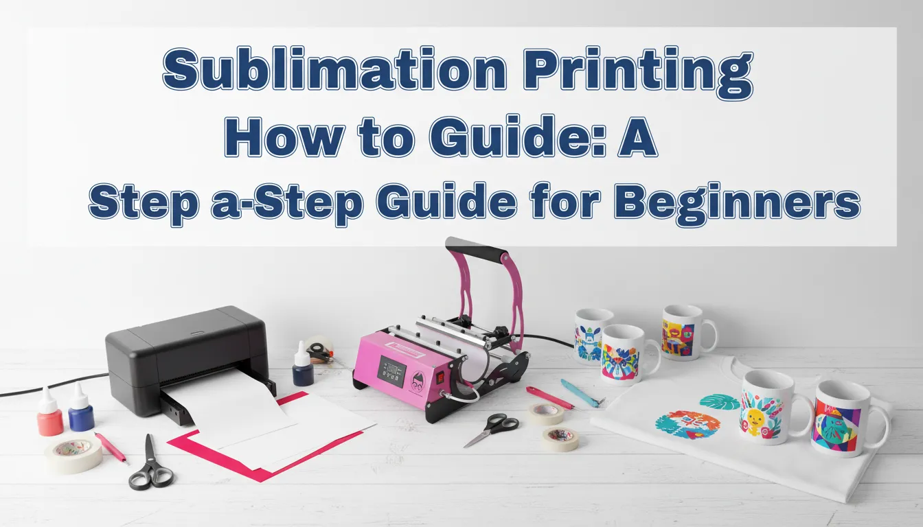 Sublimation printing beginner guide image with heat press, printer, transfer sheets, and bold title text covering most of the design.