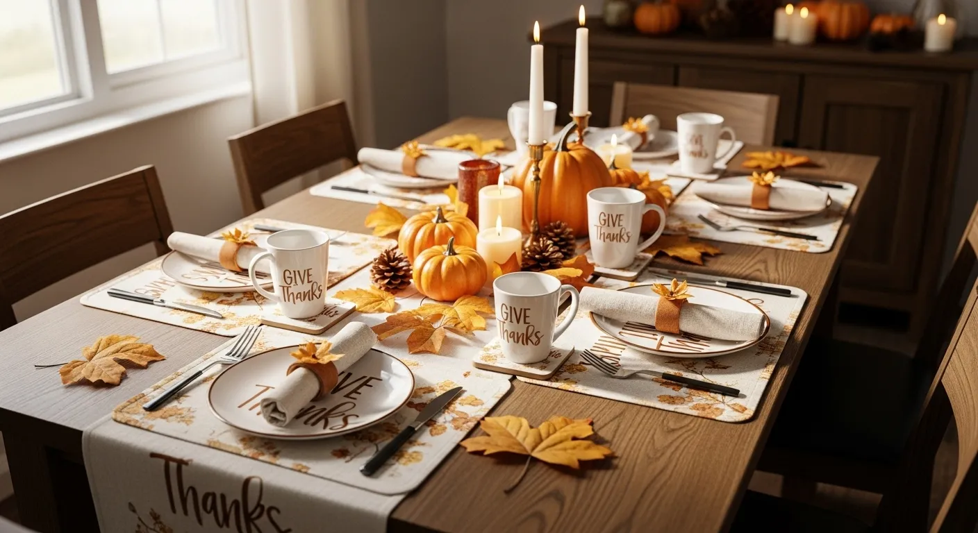 DIY Thanksgiving table decorated with sublimation crafts including custom printed placemats, mugs, napkin rings, and a ‘Give Thanks’ table runner surrounded by pumpkins and candles.