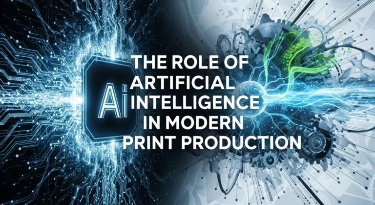 The Role of Artificial Intelligence in Modern Print Production, against a background of AI circuits and print production graphics.