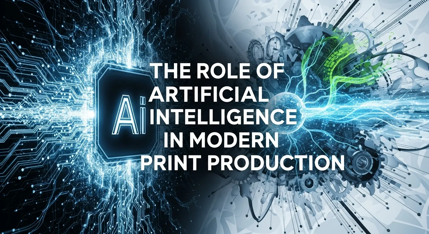 The Role of Artificial Intelligence in Modern Print Production, against a background of AI circuits and print production graphics.
