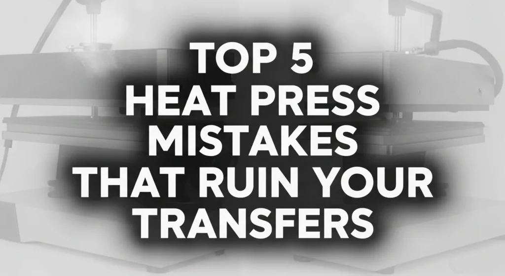 A graphic titled "Top 5 Heat Press Mistakes That Ruin Your Transfers" with abstract heat press related imagery in the background, set in a bright and clean style.
