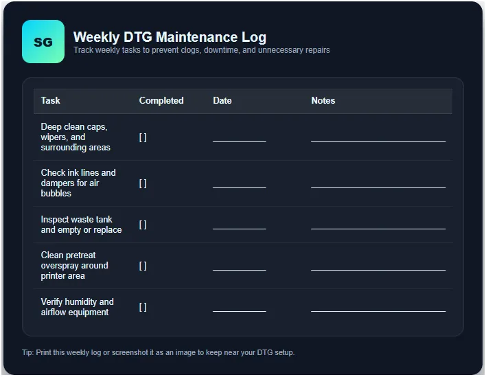 A download able Weekly DTG Maintenance Log file that ready to print or save it.