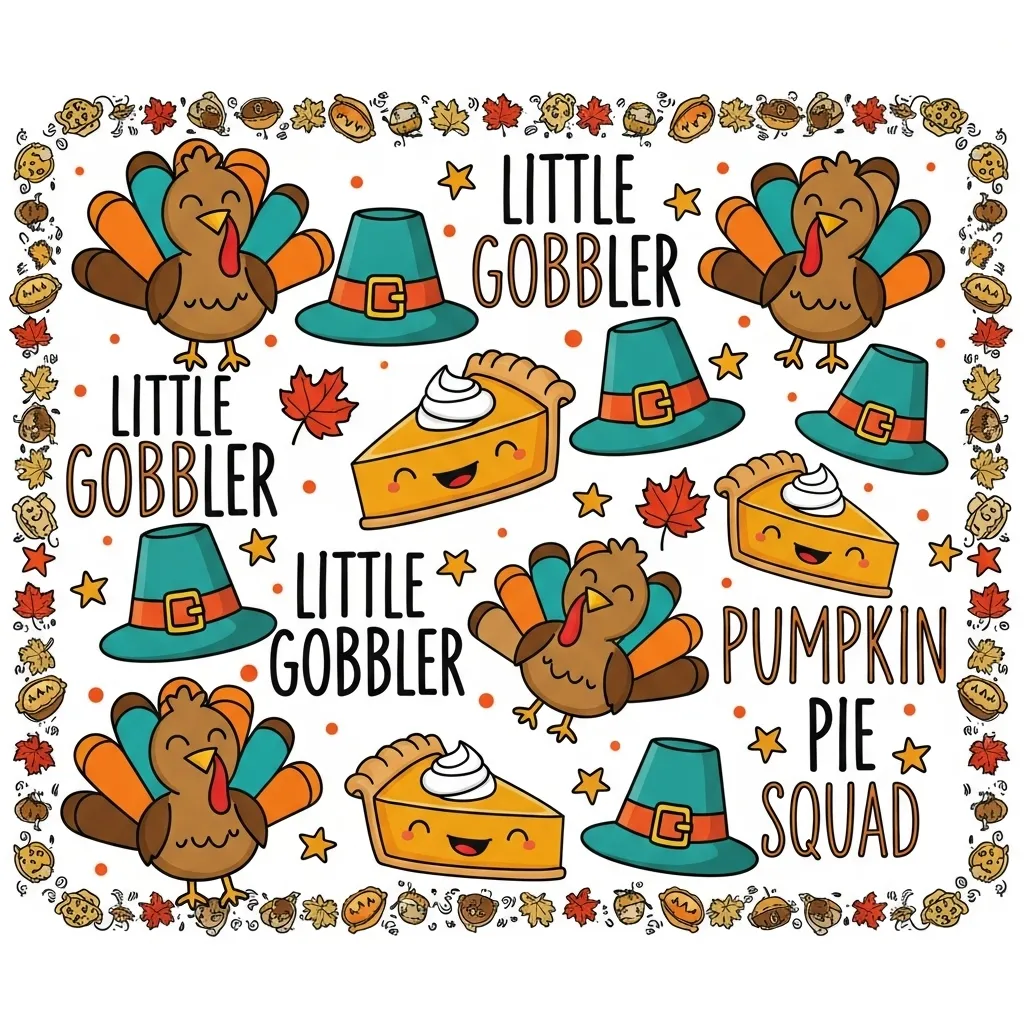 Colorful kids’ Thanksgiving sublimation design with cartoon turkeys, pie slices, and ‘Little Gobbler’ text in bright orange and teal.