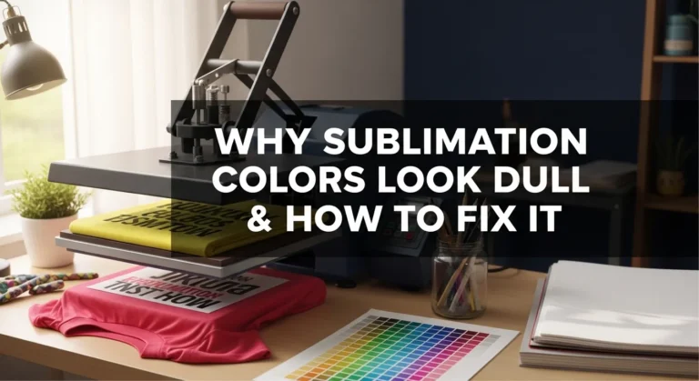 Sublimation setup with heat press, color chart, and bold title text about fixing dull colors.