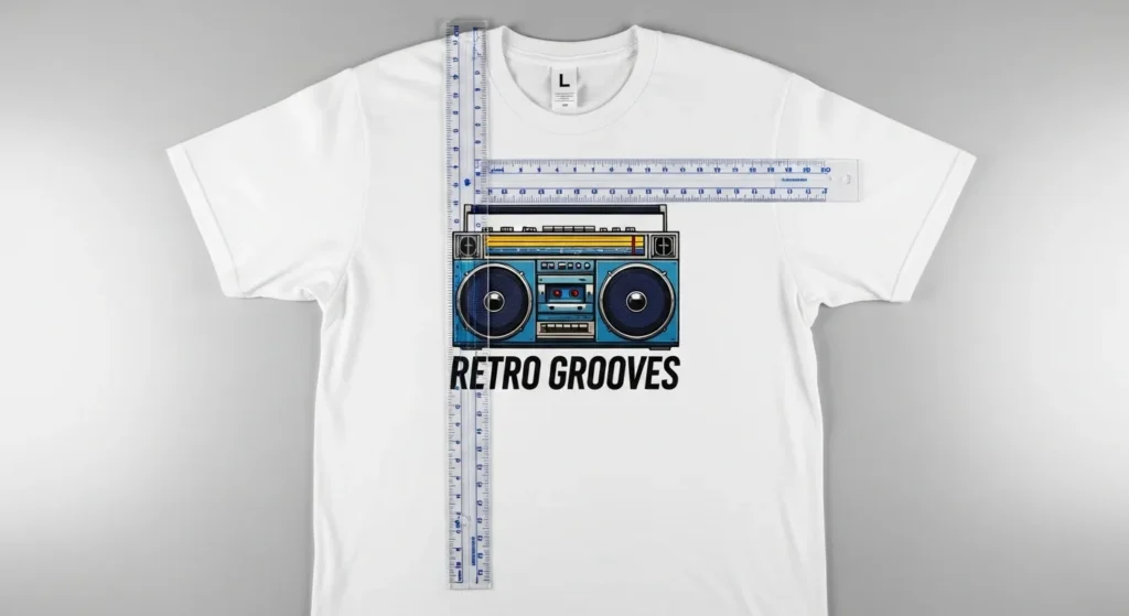 Heat transfer placed too high and off-center on a T-shirt, showing poor placement.